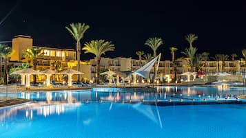 Outdoor pool, pool umbrellas, pool loungers