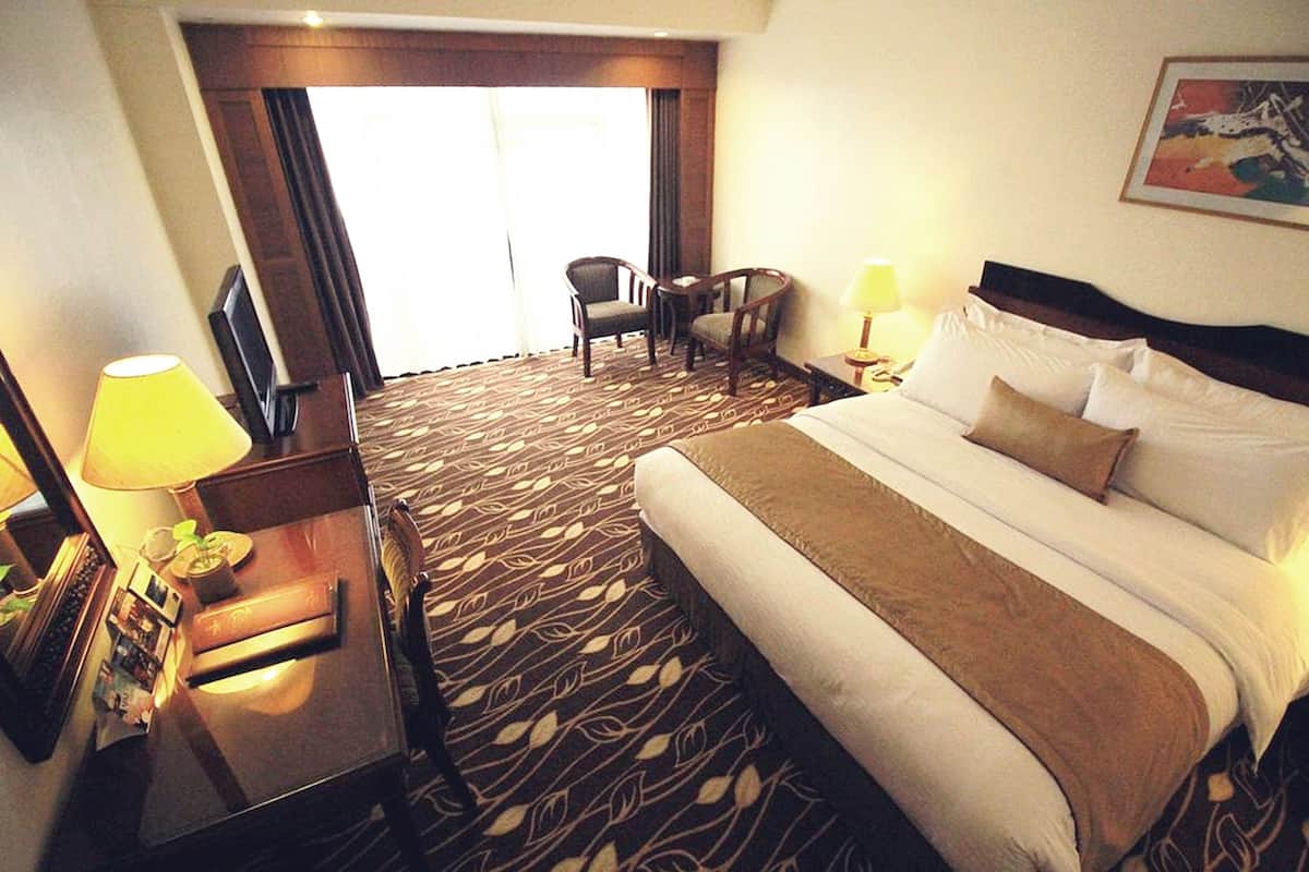 A hotel room with a large bed, a desk with a lamp, a chair, and a view of the outdoors through a large window.