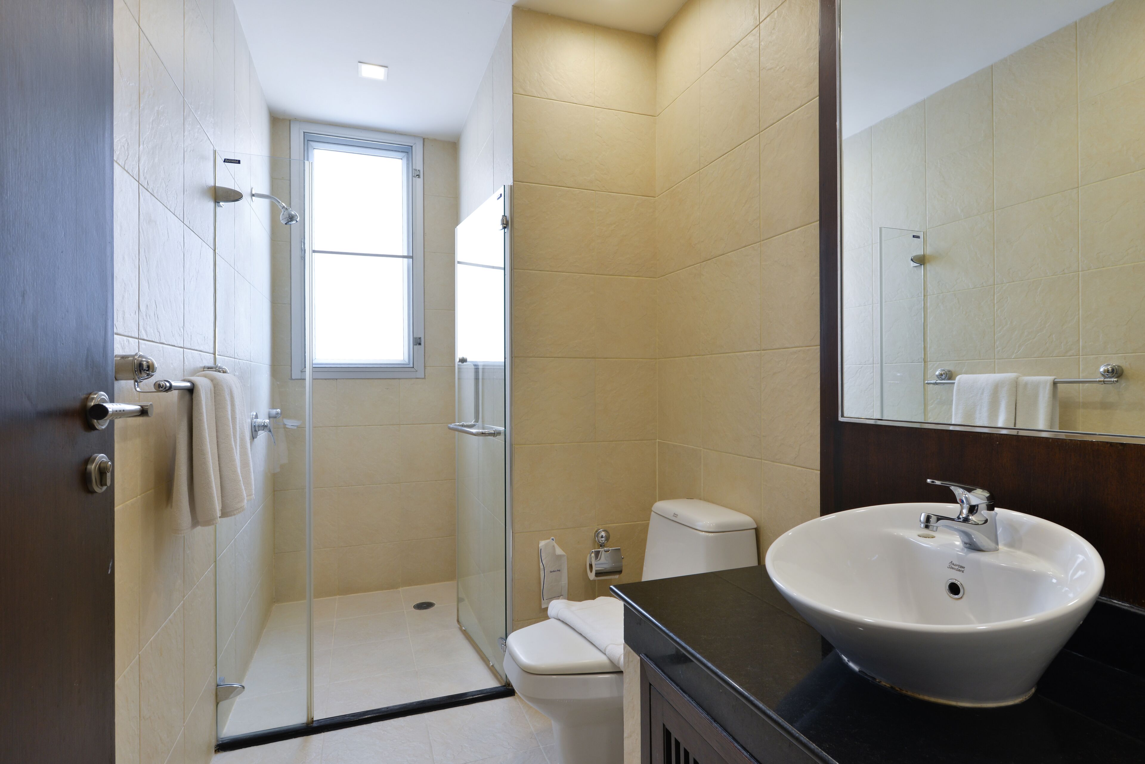 A modern bathroom with a glass shower enclosure, a white sink, and a large mirror.
