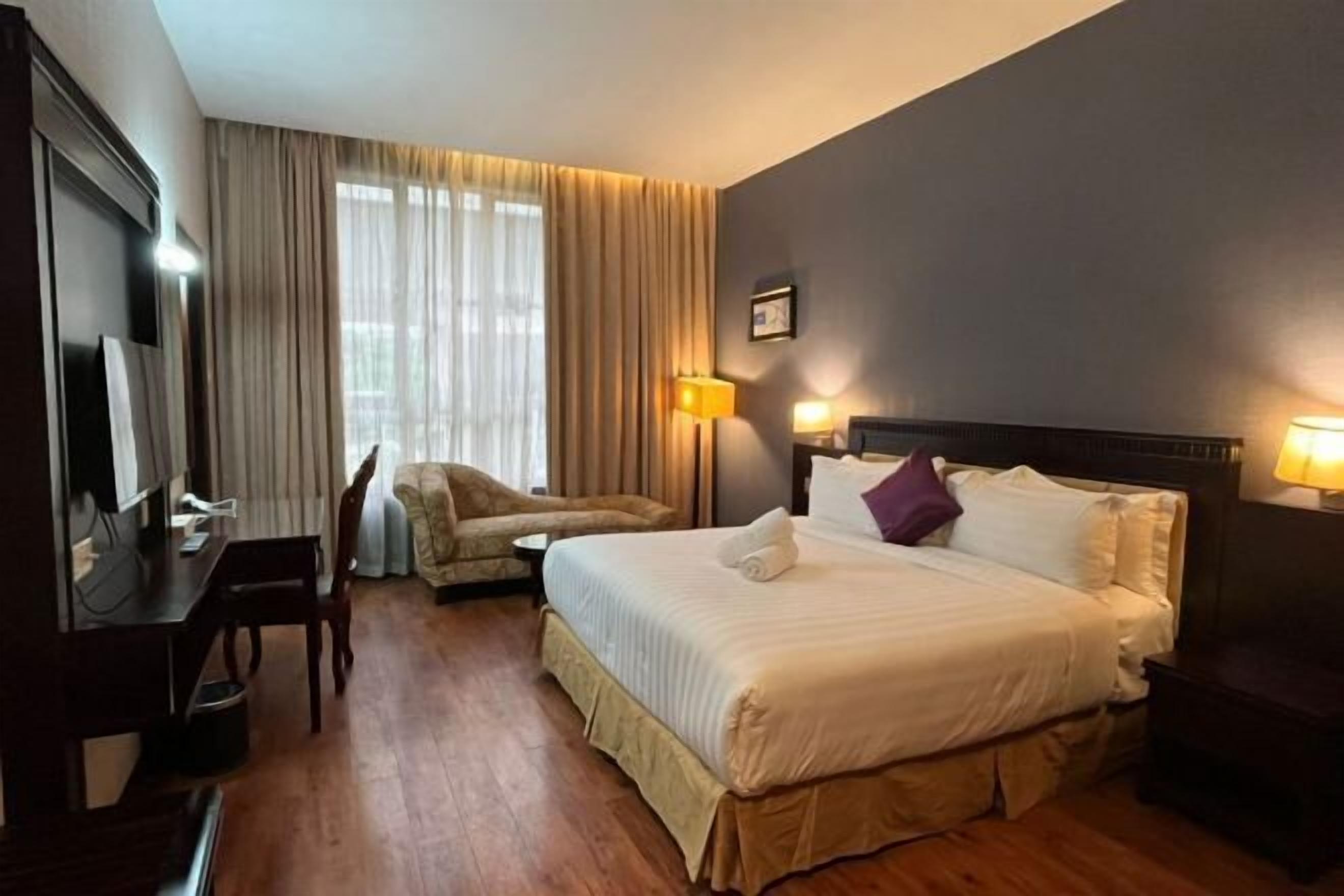 Desk, blackout drapes, soundproofing, iron/ironing board