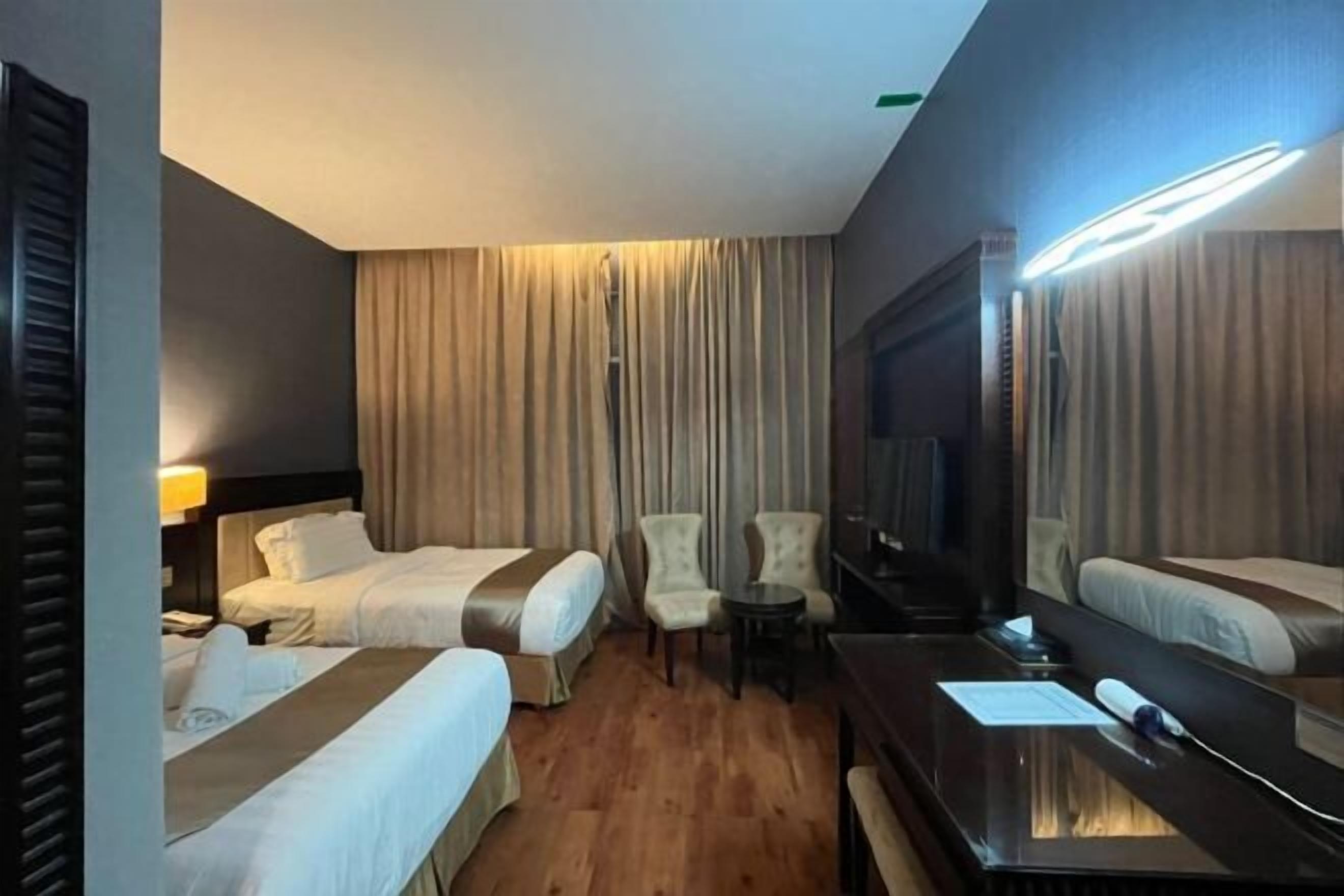 Desk, blackout drapes, soundproofing, iron/ironing board