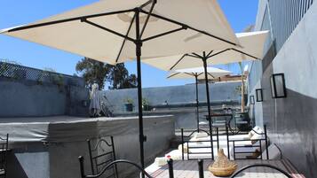 Outdoor pool, pool umbrellas, pool loungers