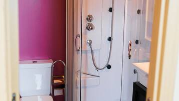 Een badkamer met een douche in een glazen cabine, een toilet en een wastafel.