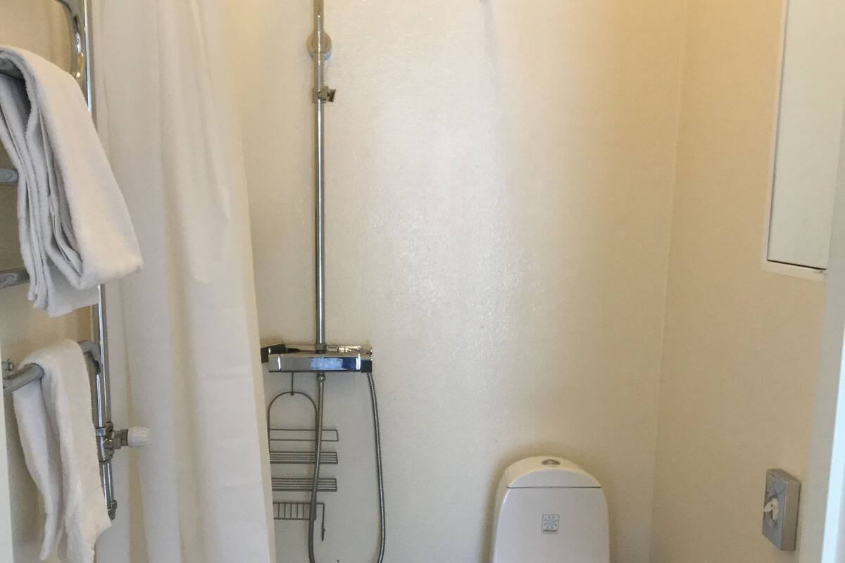 A small, compact bathroom with a shower, toilet, and sink.