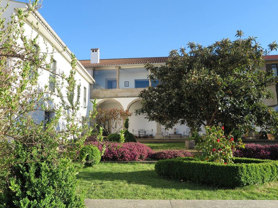 A courtyard with a white building, a large tree, and neatly trimmed hedges.