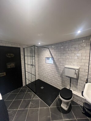 A modern bathroom with a glass shower enclosure, a toilet, and a sink. - Colchester Boutique Hotel (Colchester)