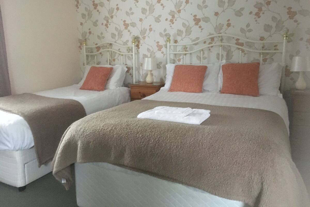 A hotel room with two beds, each with a white and brown blanket, and matching pillows.