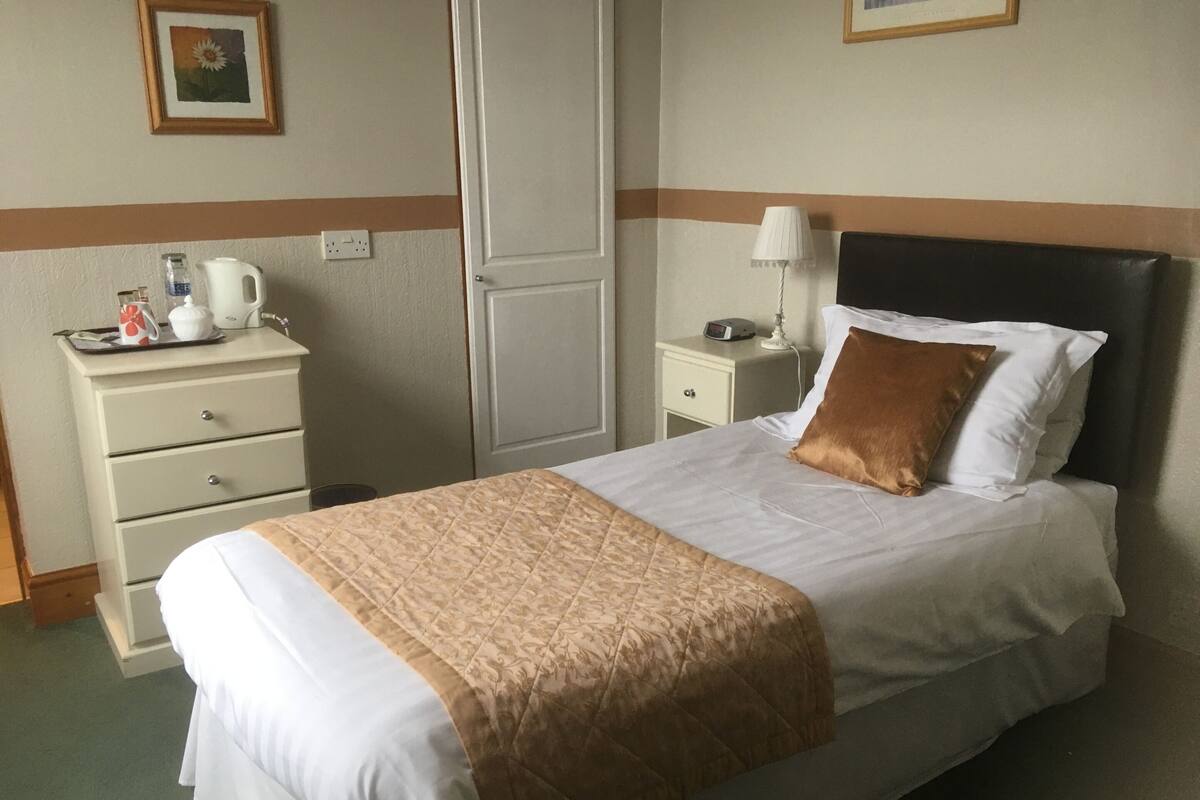 A neatly made bed with a brown quilt, a bedside table with a lamp, and a nightstand with a clock.