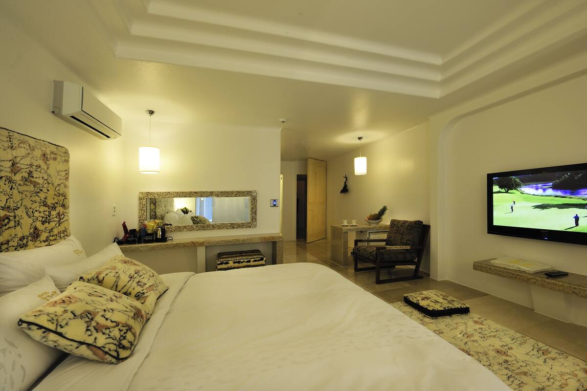 A hotel room with a large bed, a desk with a chair, a television, and a mirror.