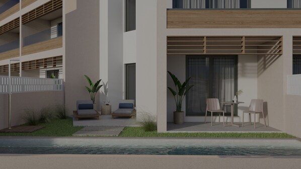A modern building with a pool, outdoor seating, and a covered patio area. - Iolida Beach by Smile Hotels (Chania)