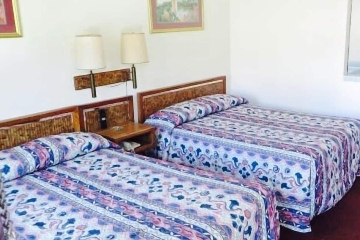 A hotel room with two beds, each with patterned bedding, a wooden headboard, a nightstand, two wall-mounted lamps, and a framed picture on the wall.