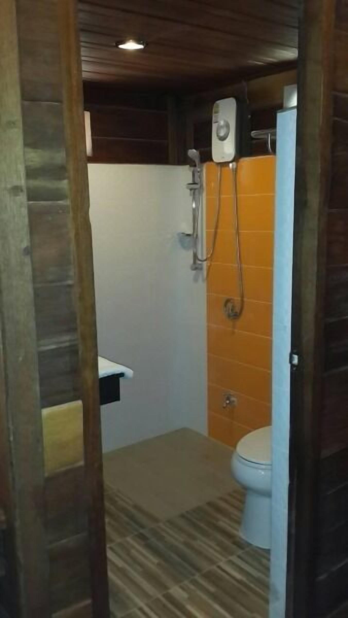Un baño pequeño con ducha, inodoro y un perchero para toallas.