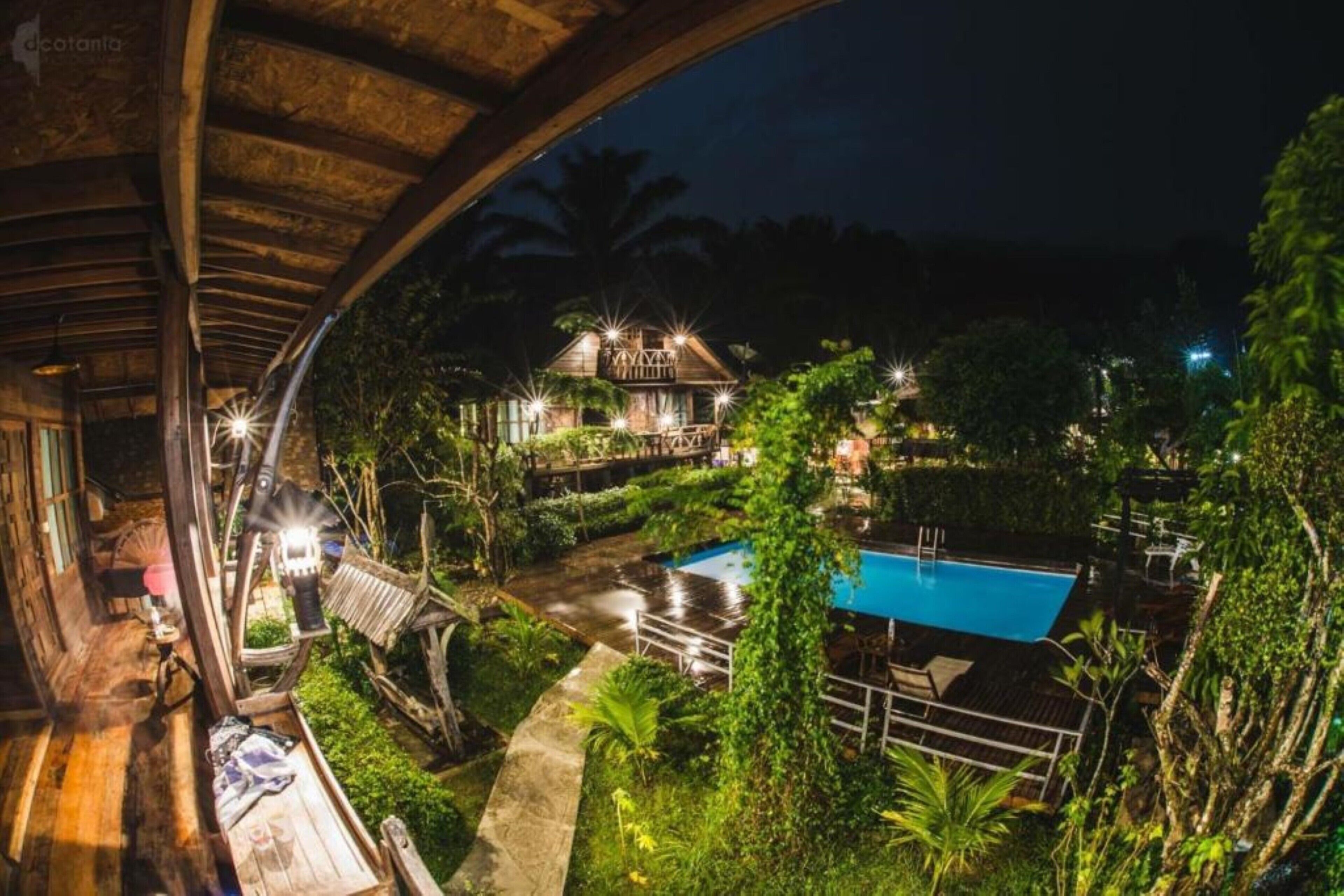 Estructura de madera con piscina y vegetación circundante de noche.