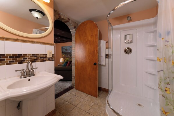A bathroom with a sink, mirror, shower, and wooden door.