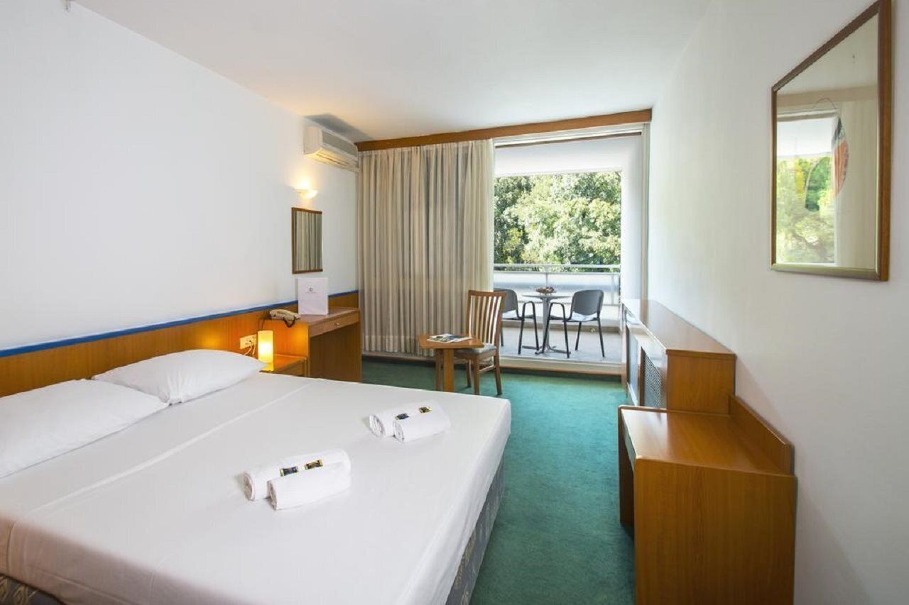 Una camera d'albergo con un letto grande, una scrivania, una sedia e una finestra con vista sul verde.