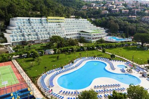 Seasonal outdoor pool, pool umbrellas, pool loungers