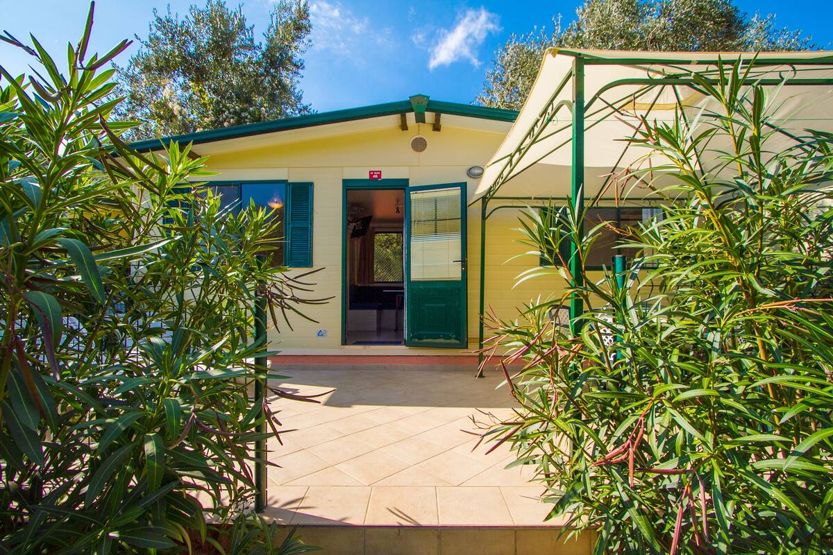 A small, single-story building with a green door and windows, surrounded by lush greenery.