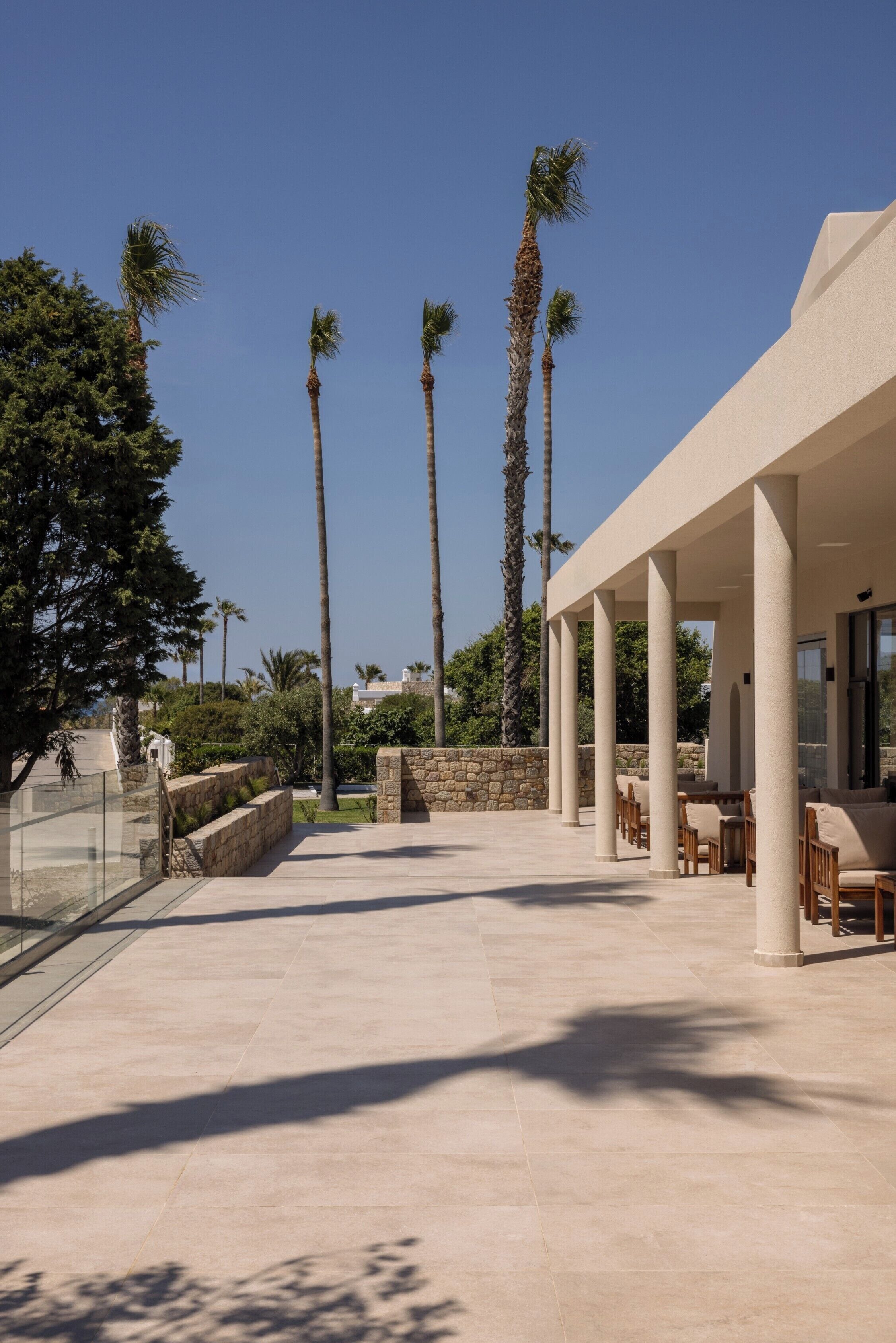 A covered outdoor area with a seating arrangement, palm trees, and a stone wall.