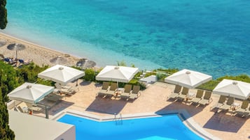 2 indoor pools, seasonal outdoor pool, pool umbrellas, pool loungers