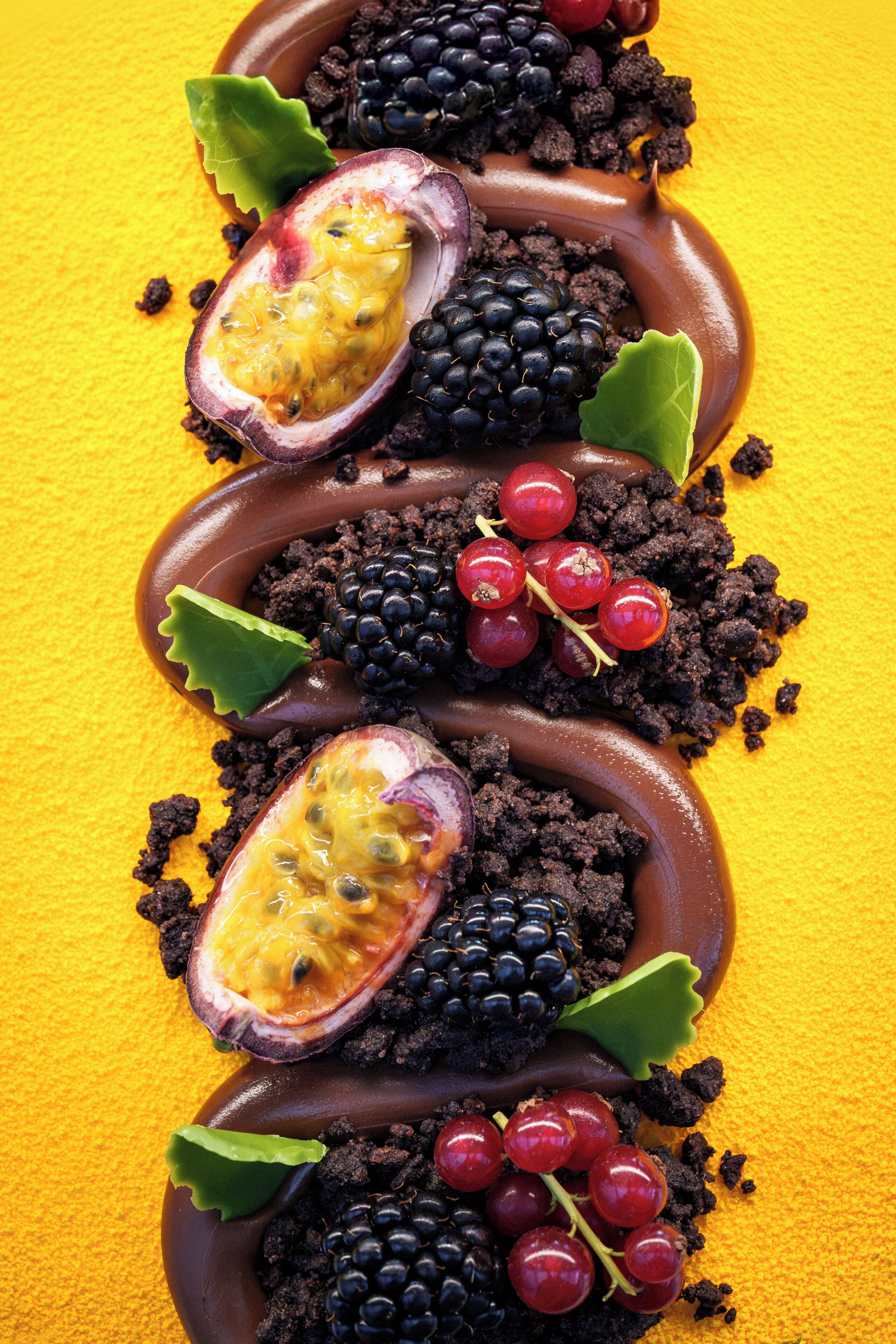 Un dessert à base de fruit de la passion, de mûres et de raisins rouges, présenté sur un fond jaune.