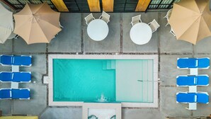 An aerial view of a pool area with multiple lounge chairs, umbrellas, and a central pool. - Hotel La Pinta (Ensenada)