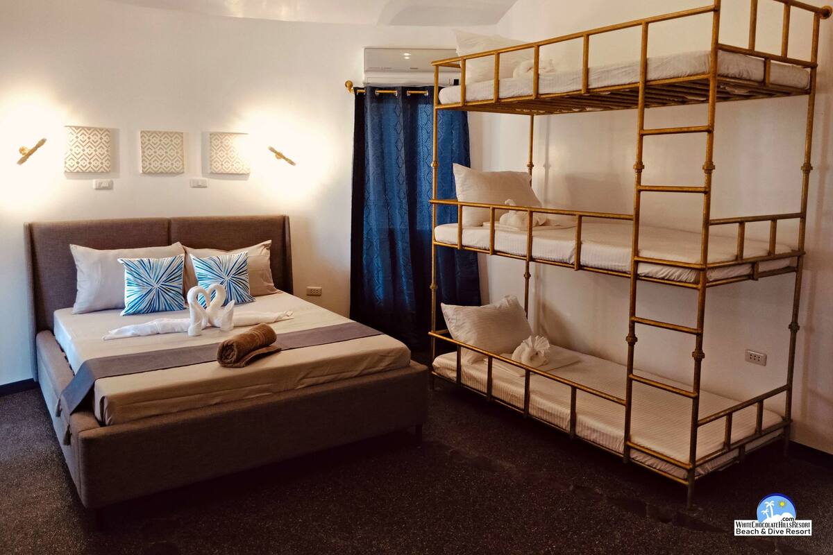 Une chambre d’hôtel comprenant un lit, un lit superposé et un mur décoré d’œuvres d’art.