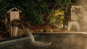 A traditional Japanese garden with a wooden water feature, stone lanterns, and a pagoda. - Tsukagoshiya (Shibukawa-shi)
