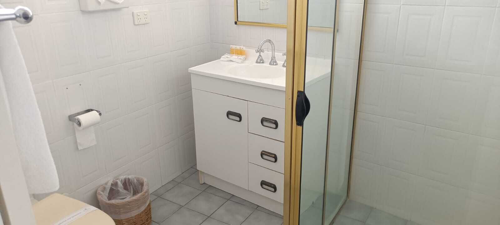 A bathroom with a white sink, a toilet, a trash bin, and a glass shower enclosure.