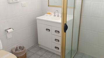 A bathroom with a white sink, a toilet, a trash bin, and a glass shower enclosure.