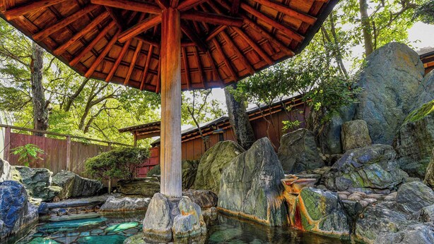 A traditional Japanese garden with a stone pond, wooden structures, and large rocks. - Hokuriku Fukui Awara Onsen Mimatsu (Awara)