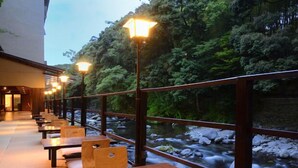 An outdoor seating area with tables and chairs, overlooking a flowing river and dense forest. - Tatsuta Ryokan (Izu)