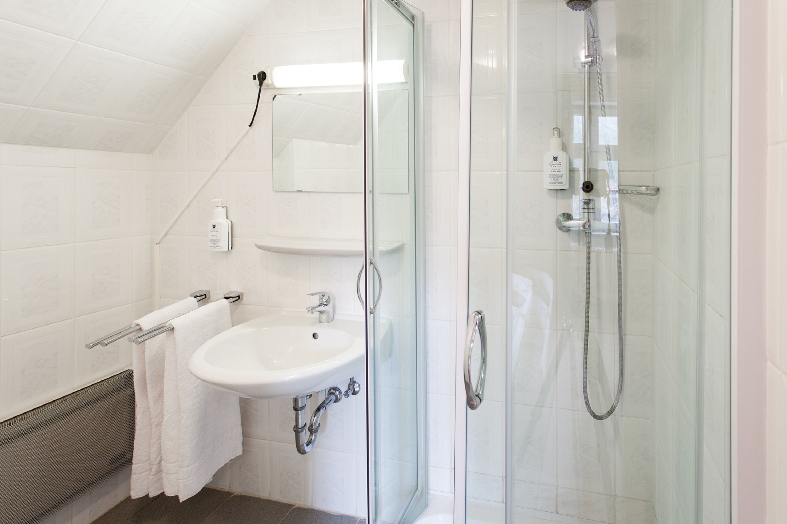 Shower, free toiletries, towels