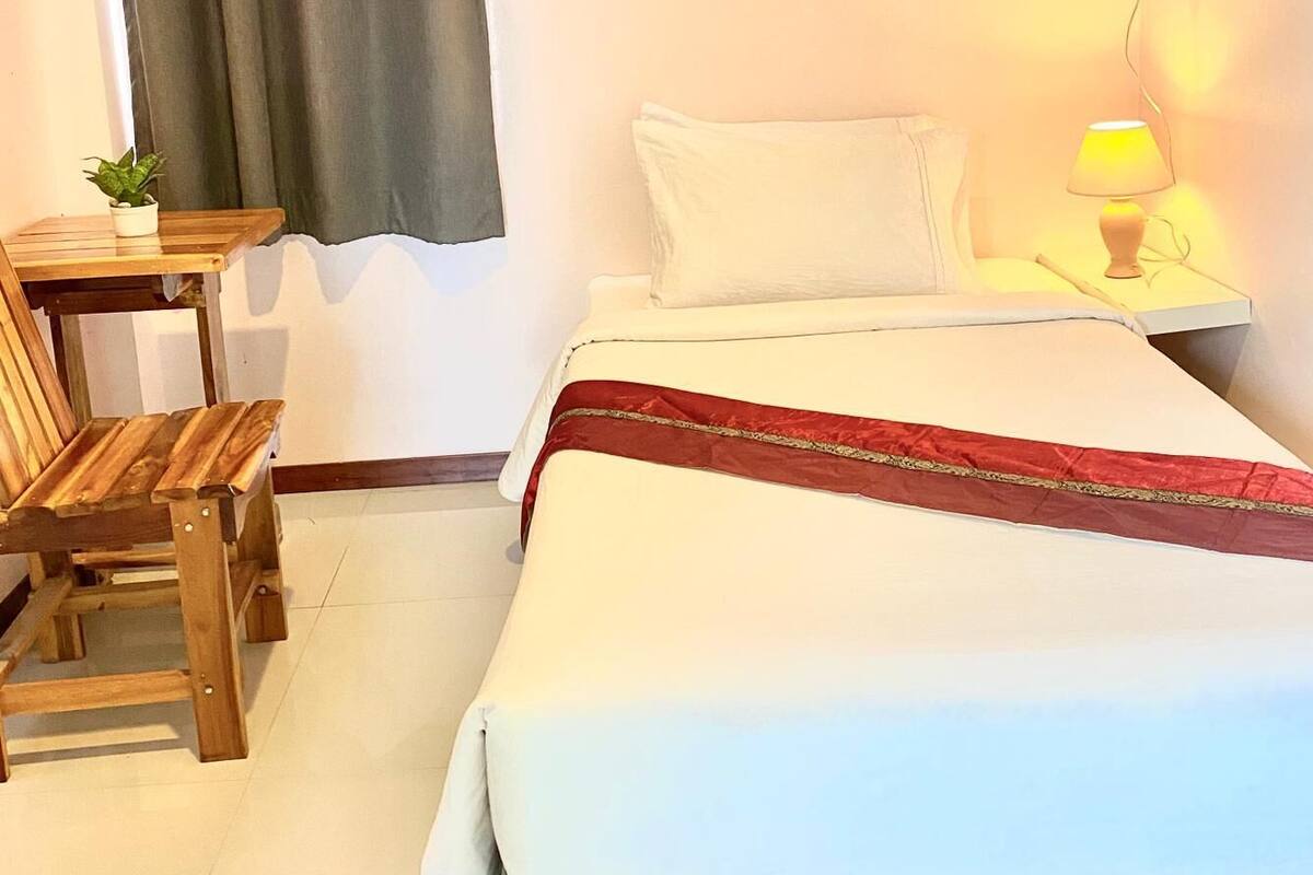 A hotel room with a bed, a nightstand with a lamp, a wooden chair, a small table with a plant, and a curtain.