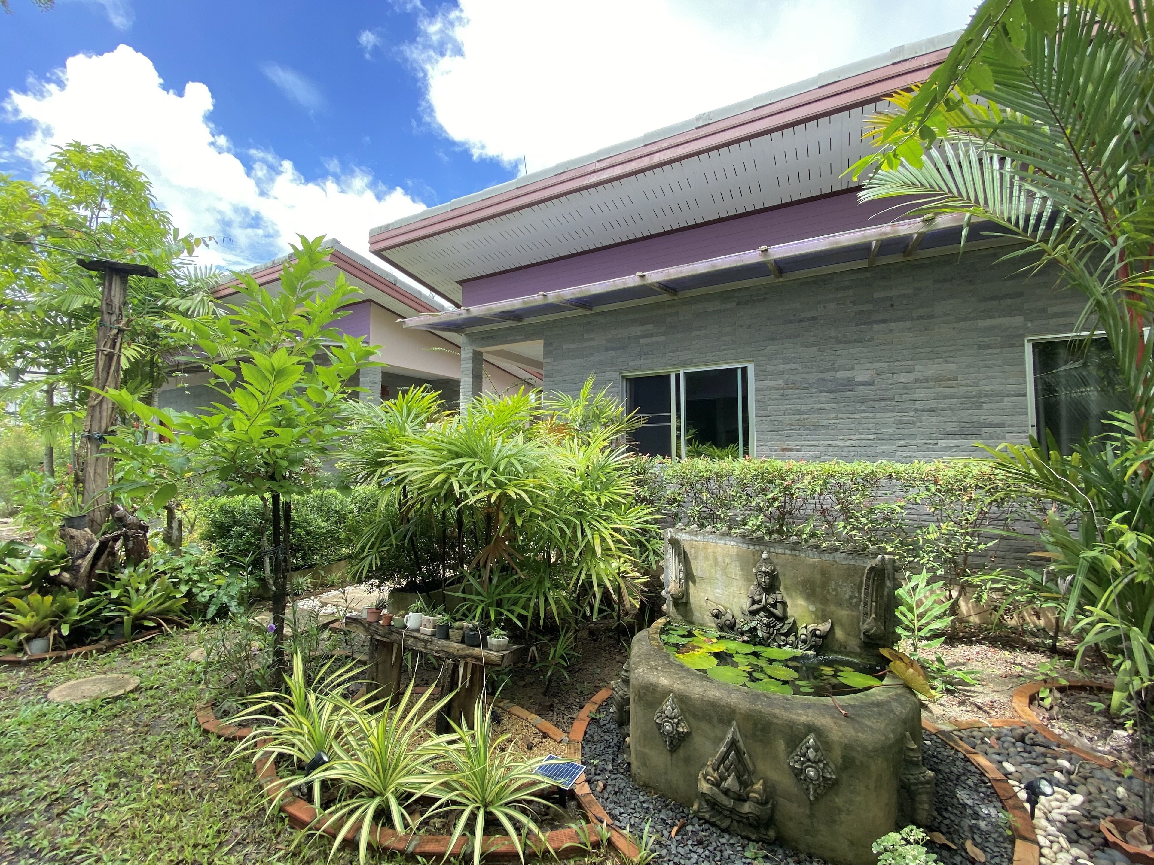 A modern house with a garden featuring a pond, various plants, and a stone sculpture.