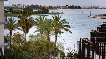 A waterfront view with palm trees and a building with balconies overlooking the water.