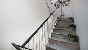 A staircase with white balusters and a black handrail, leading to a landing with a wall-mounted plant arrangement.