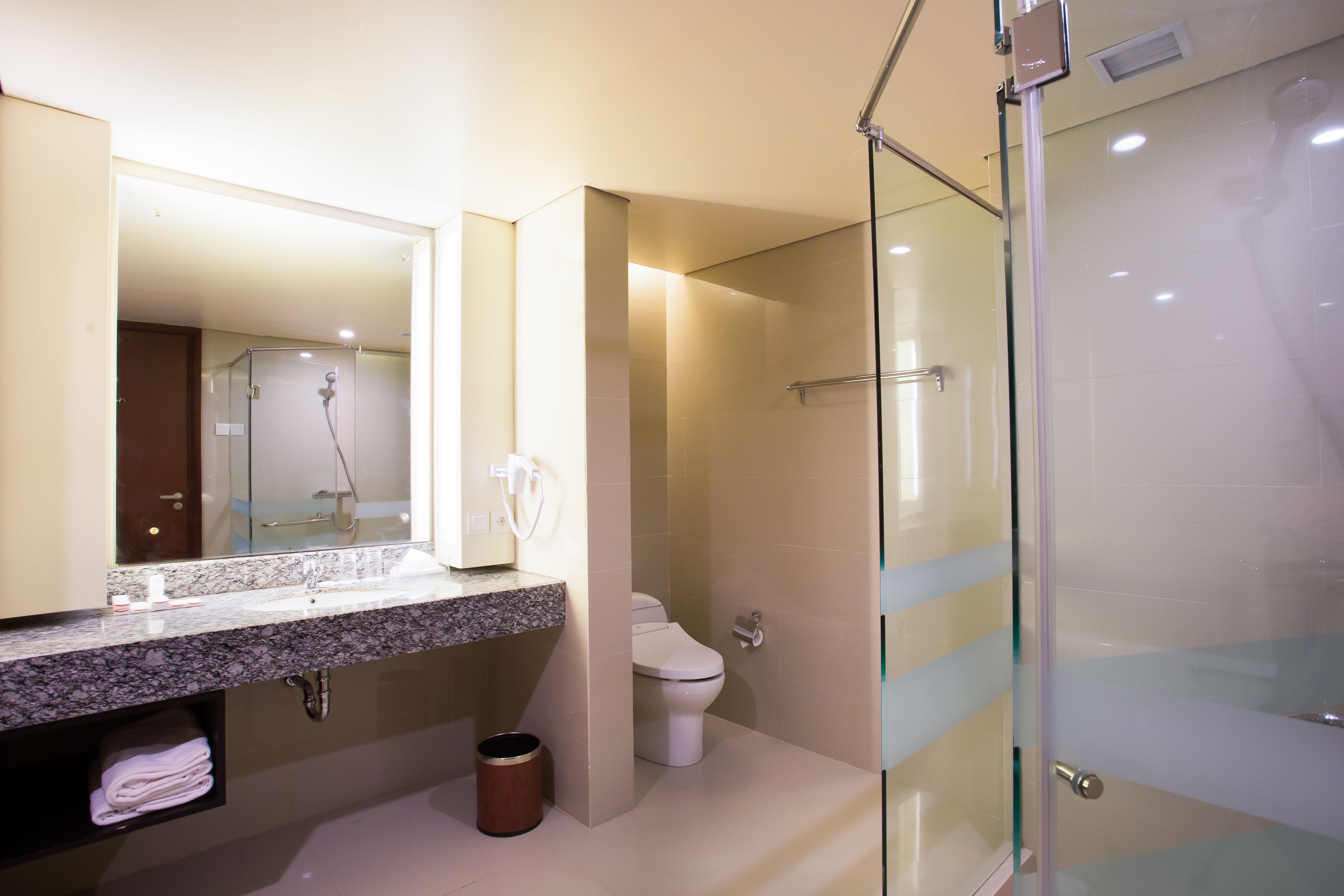 free toiletries, hair dryer, slippers, towels