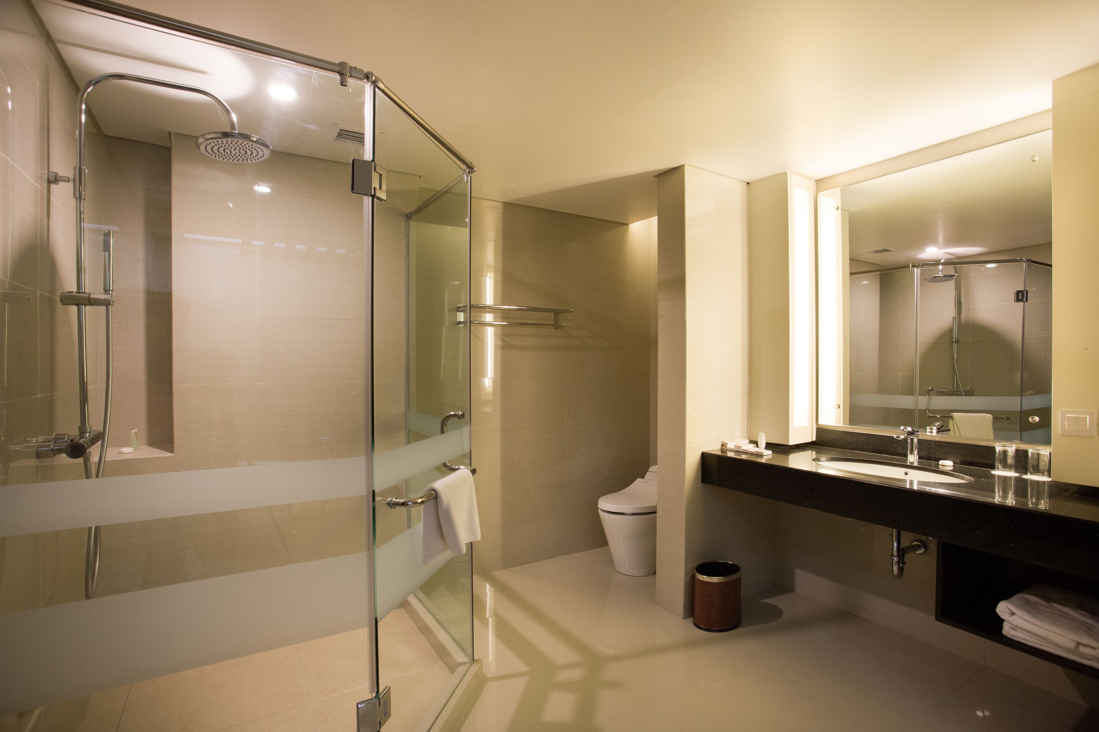 free toiletries, hair dryer, slippers, towels