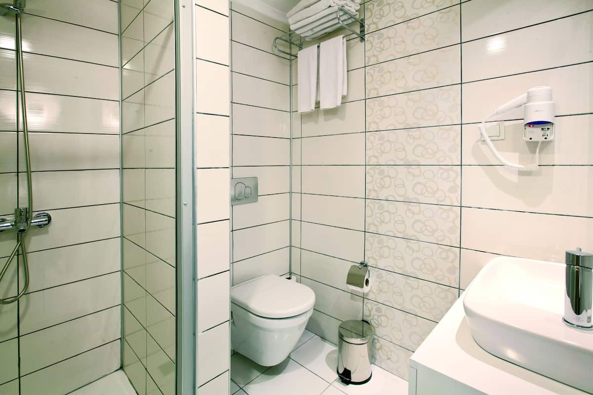 Shower, free toiletries, hair dryer, towels