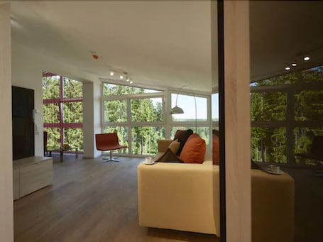 Deluxe-Suite | Wohnzimmer | Flachbildfernseher. Schwarzwald Lodge Rothaus
