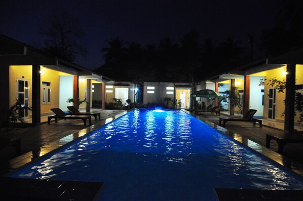 Outdoor pool, pool umbrellas, pool loungers