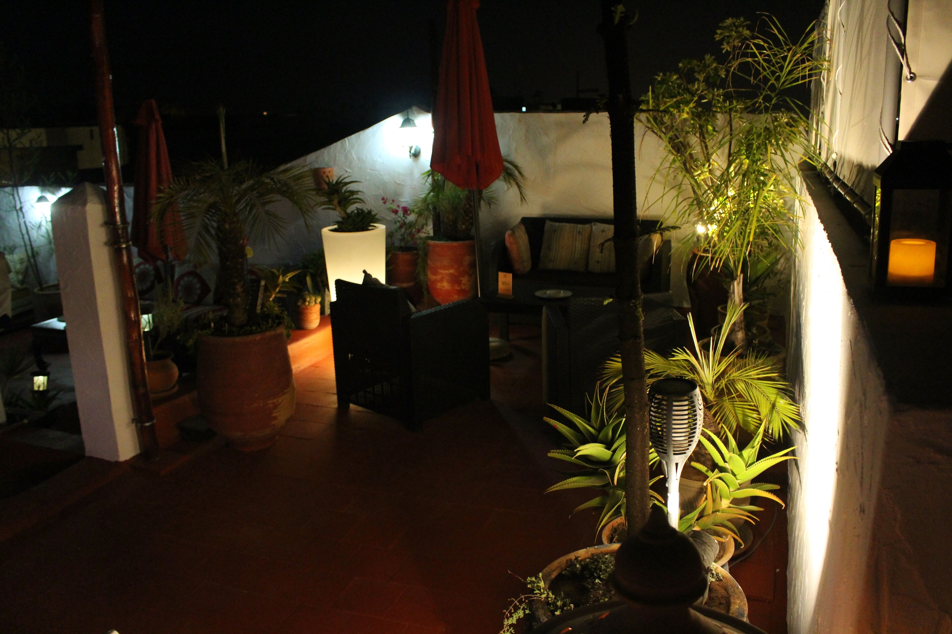 Eine Außenpatio-Terrasse mit Kübelpflanzen, einer Sitzgruppe und einer an der Wand befestigten Lampe.
