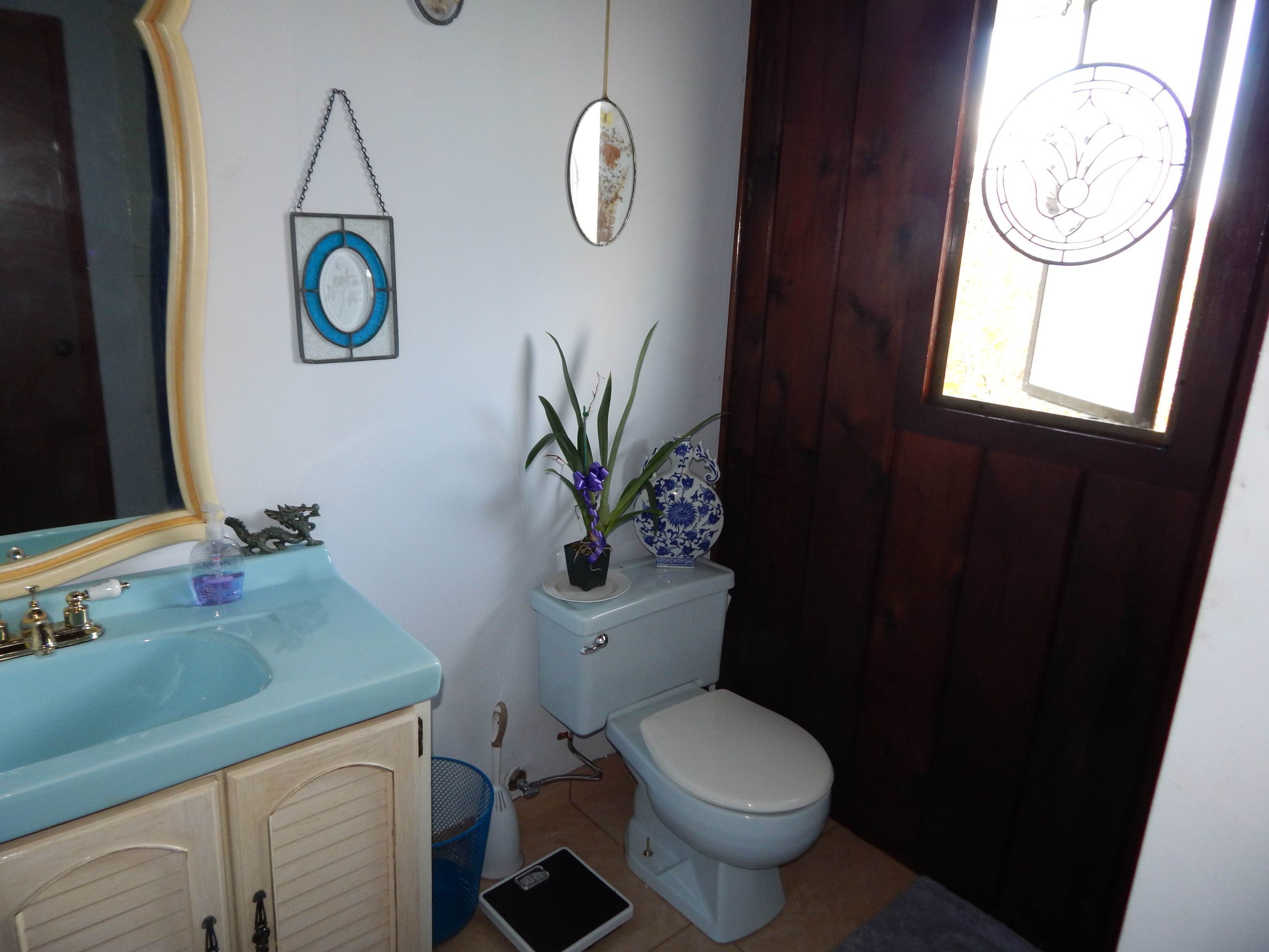 A bathroom with a light blue sink, a toilet, and a mirror.