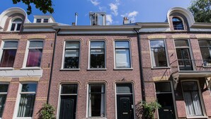 A row of three-story brick townhouses with black doors and windows, a small bench, and a potted plant in front. - Park43 (Haarlem)