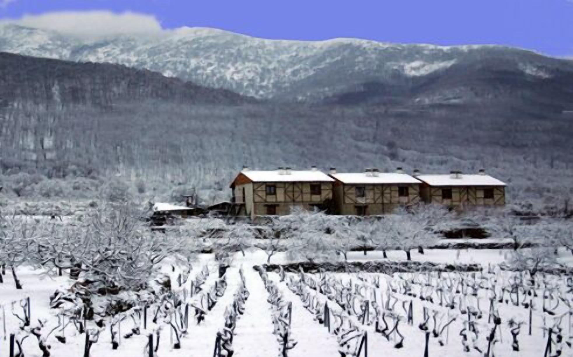 A building with a traditional architectural style, surrounded by a snow-covered landscape and mountains in the background.