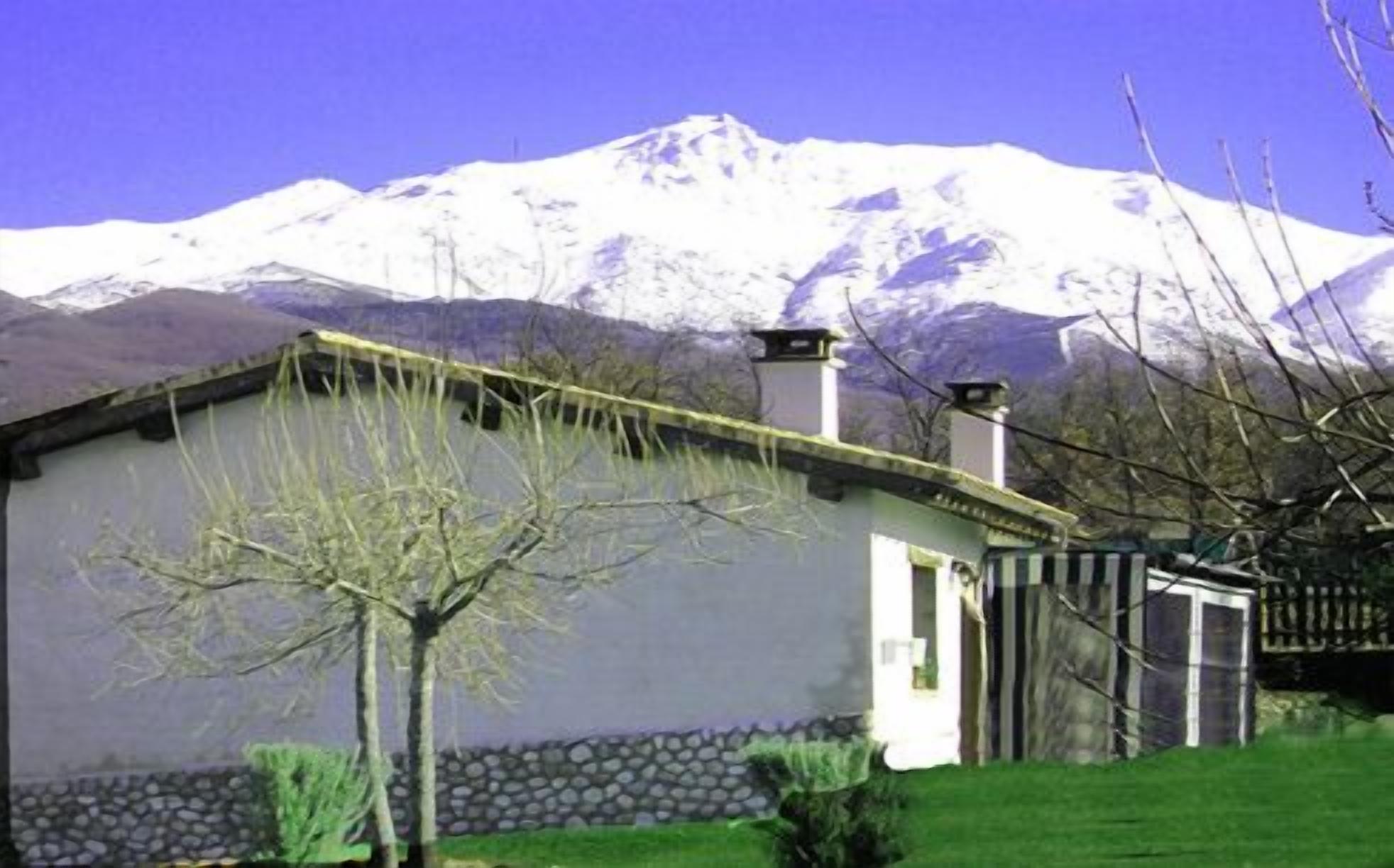 A building with a stone foundation and a white exterior, a tree in front, and a snow-capped mountain in the background.