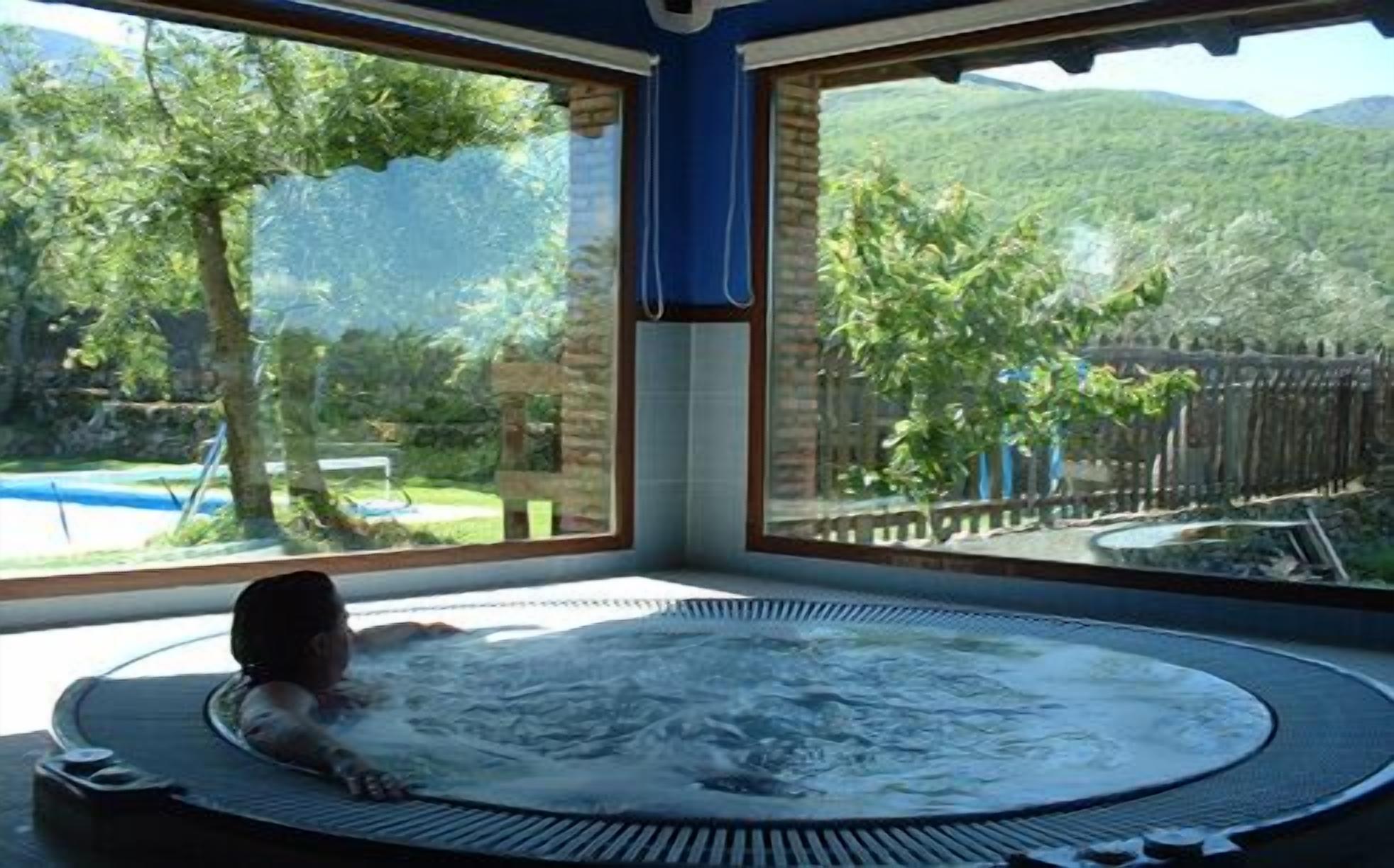Un jacuzzi con una persona relajándose, amplias ventanas que ofrecen vistas a una piscina y follaje.