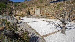 Une cour avec des allées pavées de pierres, une fontaine centrale et un ensemble de panneaux solaires installé sur une colline.