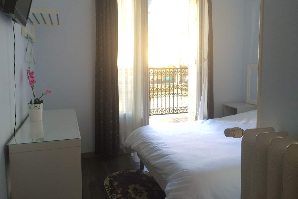 Habitación de hotel con cama, escritorio, planta pequeña en maceta, radiador y ventana con cortinas.