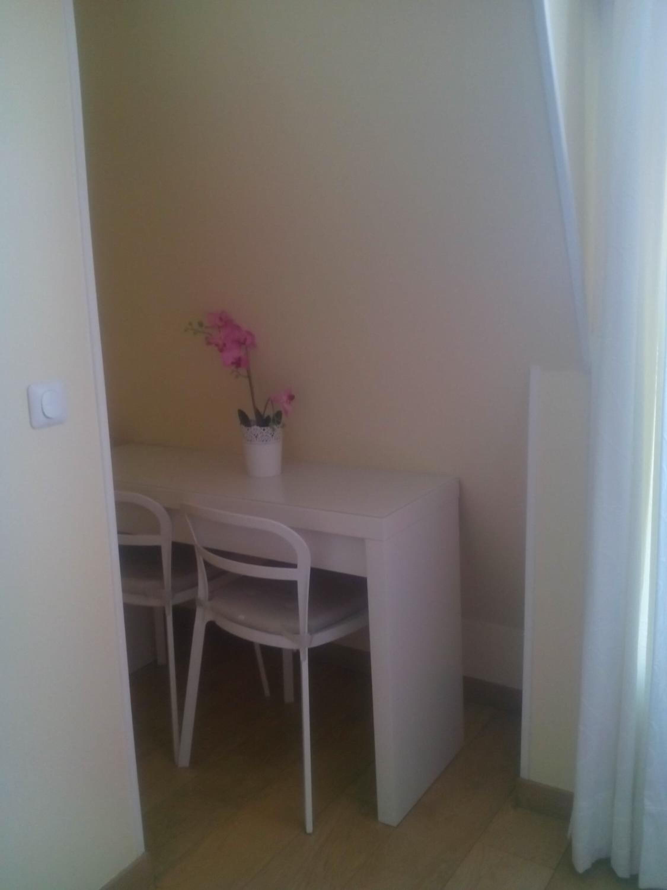 A small, white dining area with a table and two chairs. A potted plant with pink flowers is on the table.